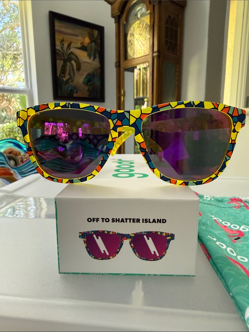 Goodr Colorful Mosaic Sunglasses in Yellow with Purple Mirrored Lenses